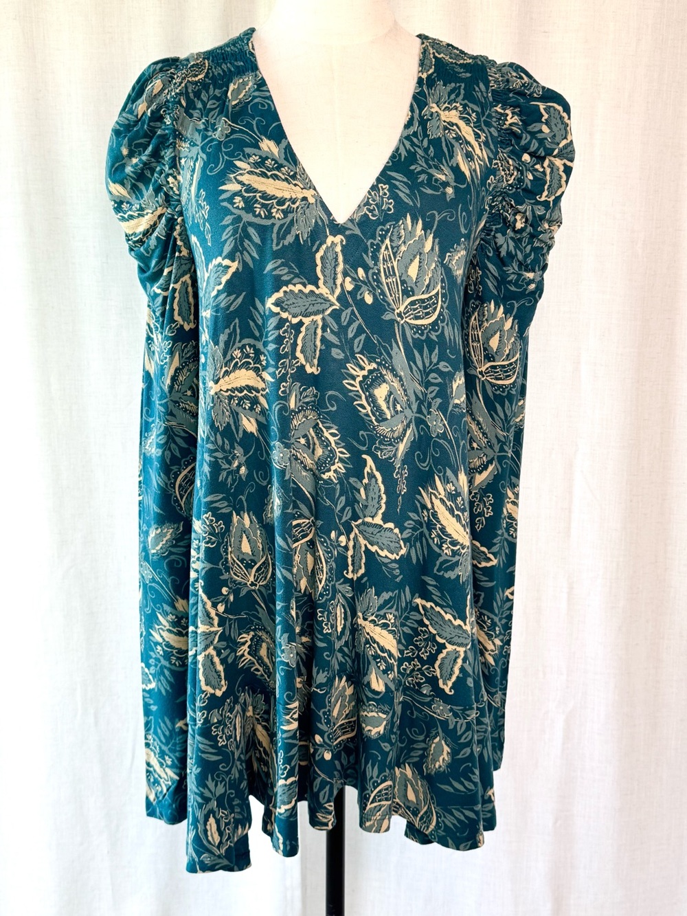 Free People Floral Swing Mini Dress Blue Green Boho Tunic Size Small